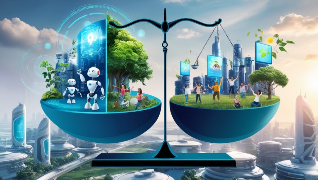 I sustainability challenges in a futuristic city with digital energy and water usage metrics.