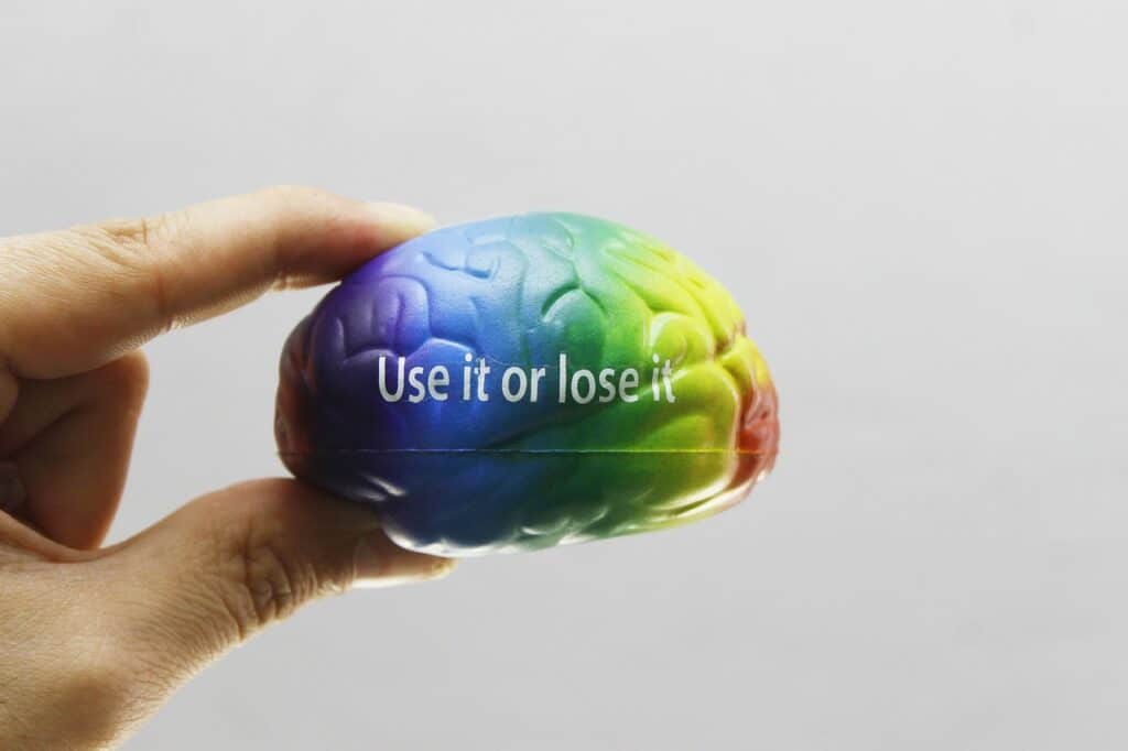 A colorful brain toy with the words "Use it or lose it"