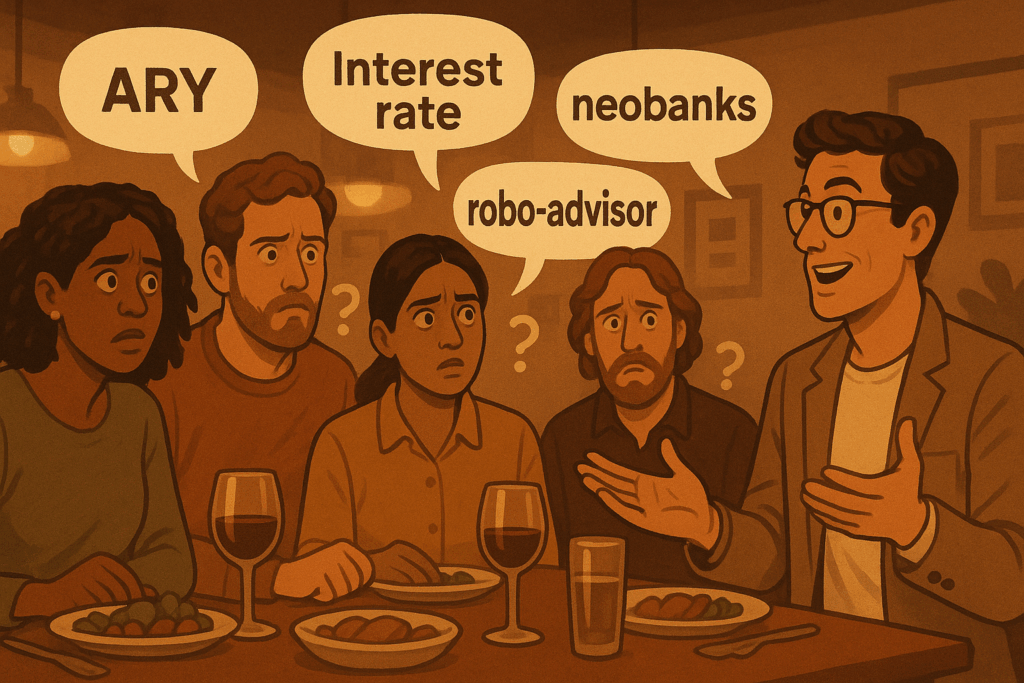 A diverse group of people at a dinner party looking confused while one person confidently explains complex Fintech Jargon, with speech bubbles containing financial jargon floating above them, warm indoor lighting.