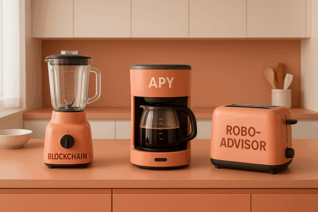 A kitchen counter with various gadgets labeled with financial terms - a blender labeled 'blockchain', a coffee maker labeled 'APY', a toaster labeled 'robo-advisor', clean modern kitchen, soft natural lighting