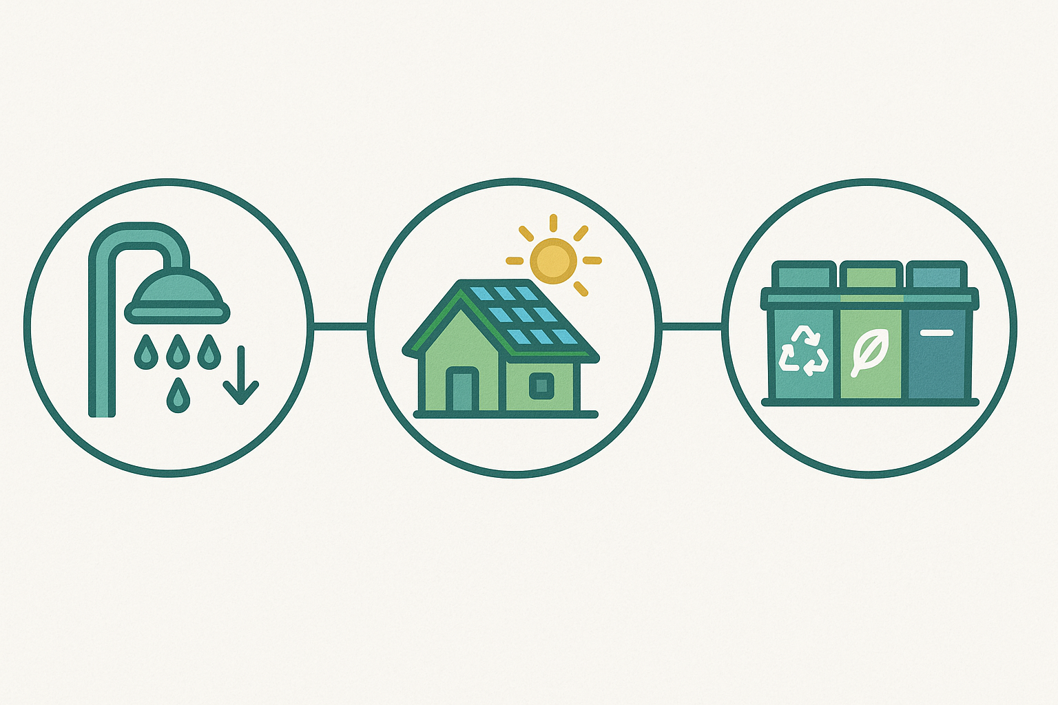 Icons showing water conservation, solar energy, and waste management.