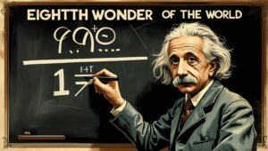 Historical illustration of Albert Einstein writing compound interest formula on chalkboard
