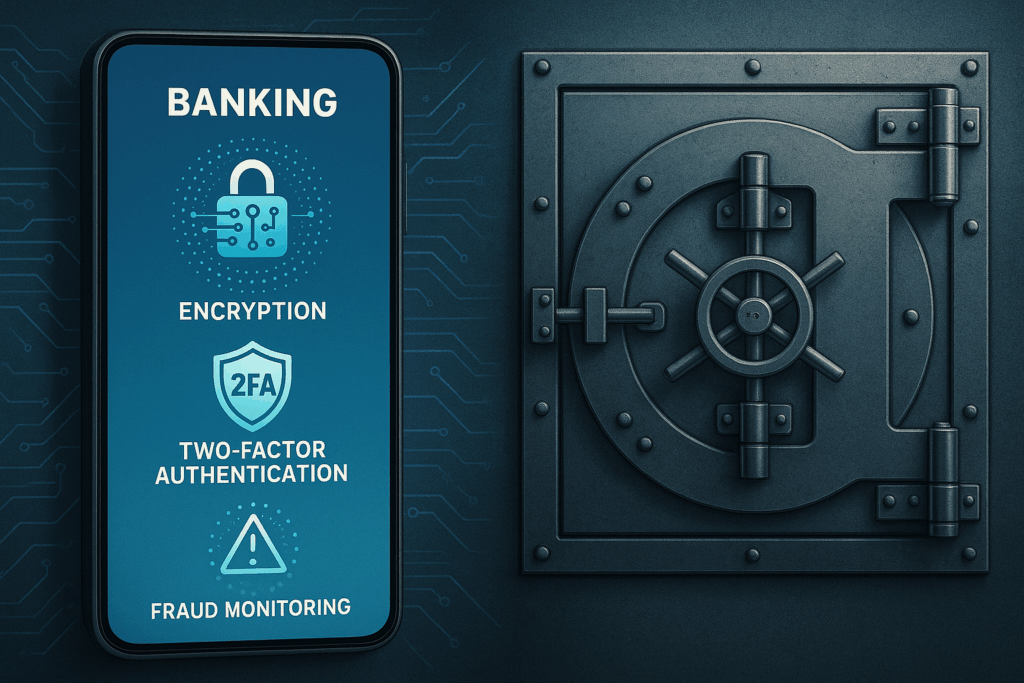Smartphone banking app protected by digital security layers compared to old bank vault.