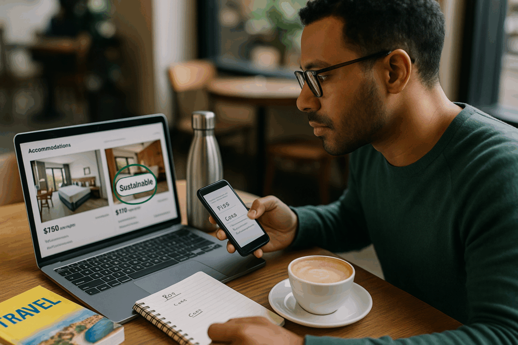 Traveler comparing sustainability credentials between tourism options online