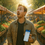 Person having epiphany at farmers market while holding smartphone with banking app