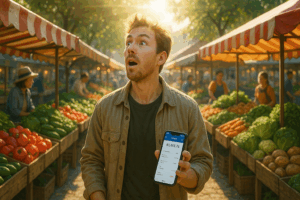 Person having epiphany at farmers market while holding smartphone with banking app