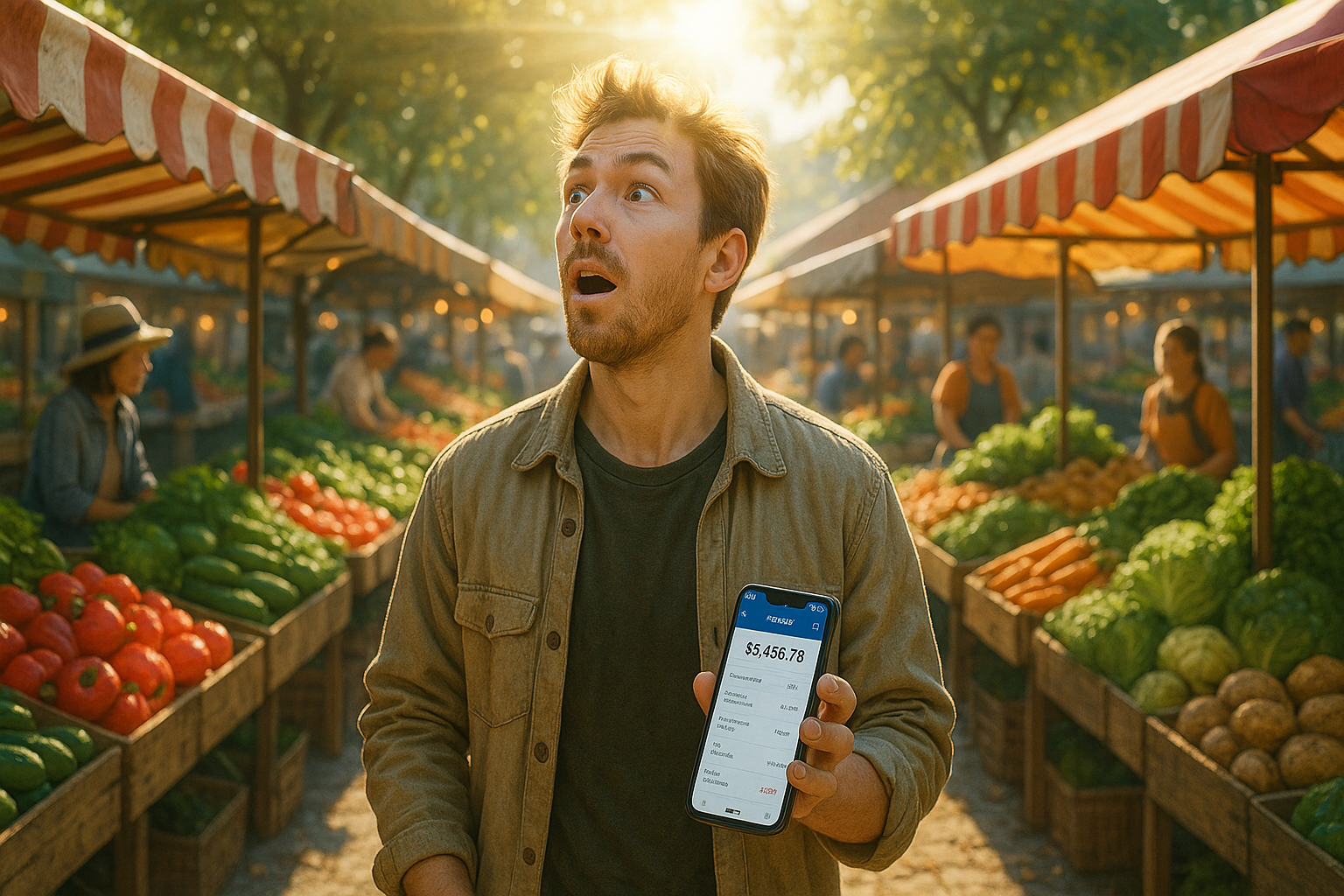 Person having epiphany at farmers market while holding smartphone with banking app