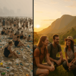 Split-screen comparing overtourism impacts with sustainable tourism benefits