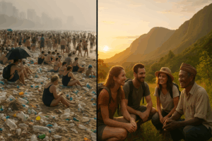 Split-screen comparing overtourism impacts with sustainable tourism benefits
