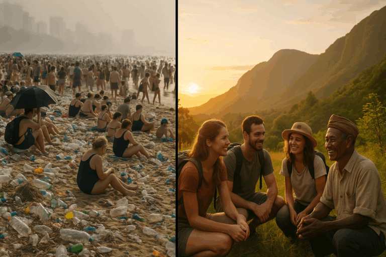 Split-screen comparing overtourism impacts with sustainable tourism benefits
