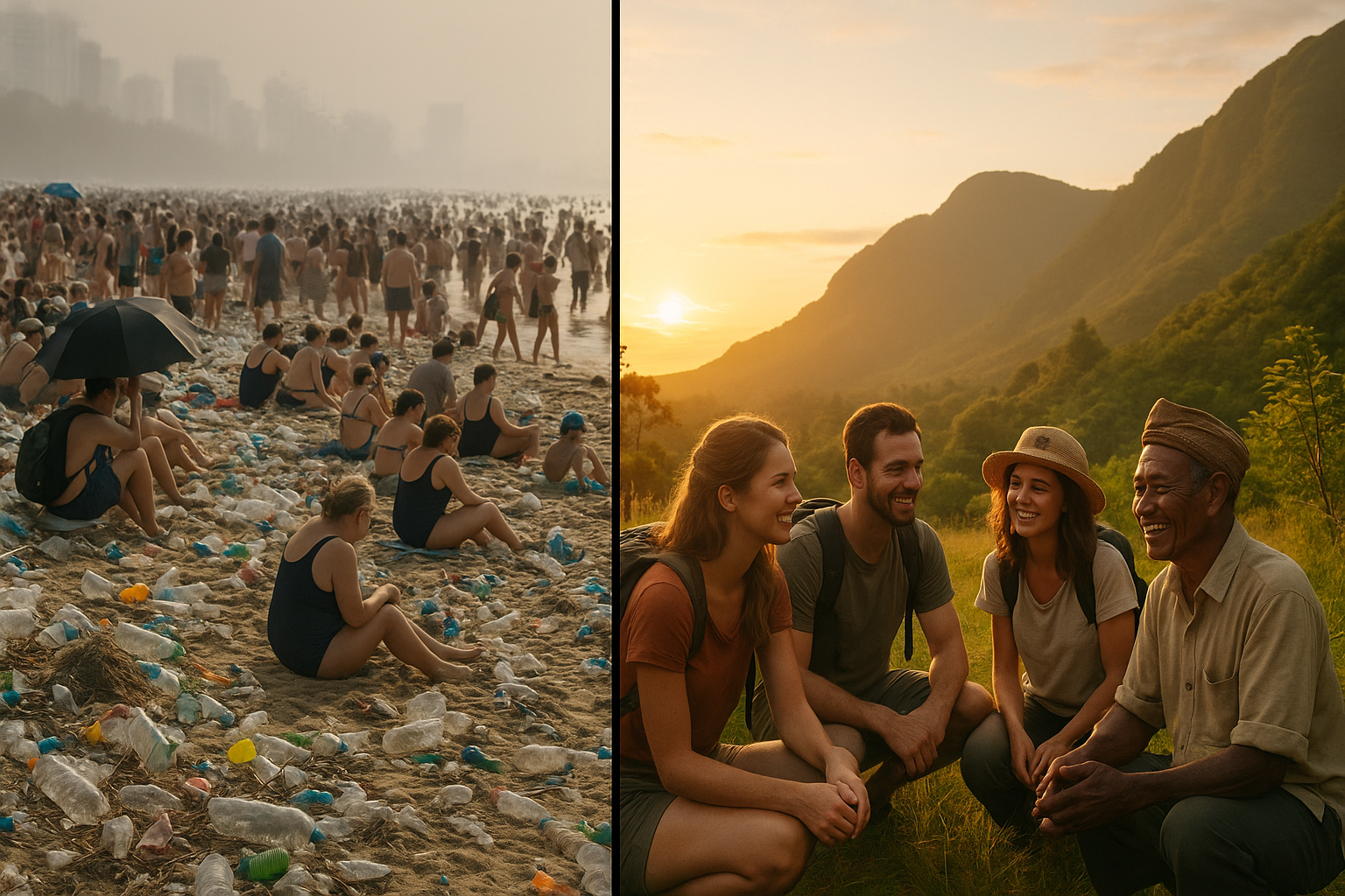 Split-screen comparing overtourism impacts with sustainable tourism benefits