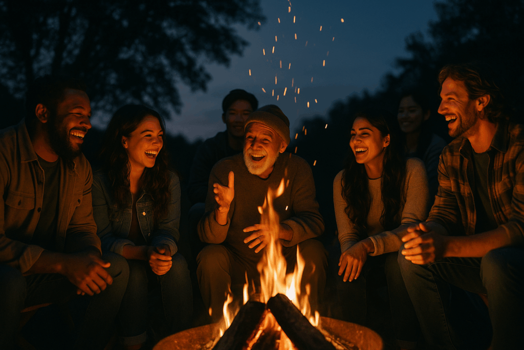 People gatherred around a fire having fun representing the 3rd Market sophistication stage