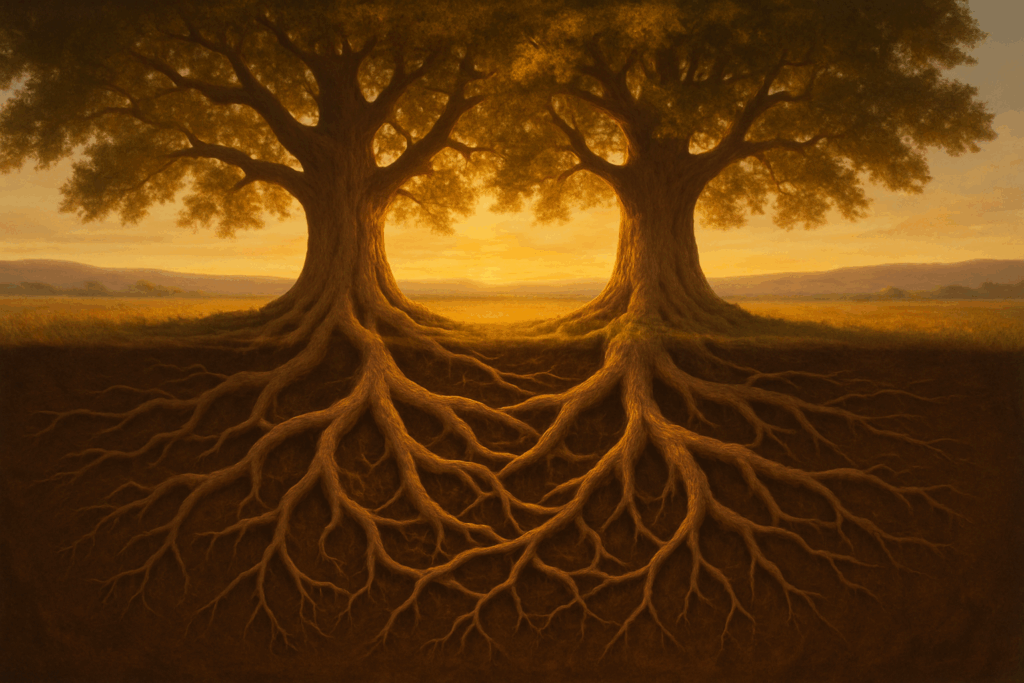 Massive oak trees with intertwining root systems visible underground, standing together against vast landscape with shared horizon, illustrating deep partnership in Market sophistication