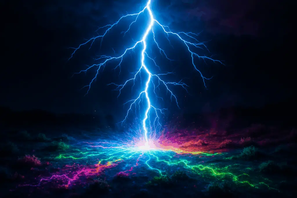 Lightning bolt striking in slow motion with brilliant electric blue and white light, fracturing into multiple energy branches that transform ordinary landscape into vibrant, electrically charged environment