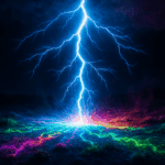 Lightning bolt striking in slow motion with brilliant electric blue and white light, fracturing into multiple energy branches that transform ordinary landscape into vibrant, electrically charged environment