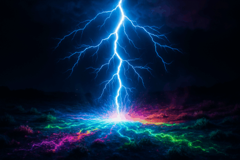 Lightning bolt striking in slow motion with brilliant electric blue and white light, fracturing into multiple energy branches that transform ordinary landscape into vibrant, electrically charged environment