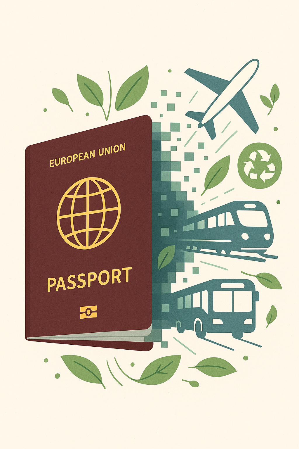 Illustration of a European passport evolving into eco-conscious transport icons.