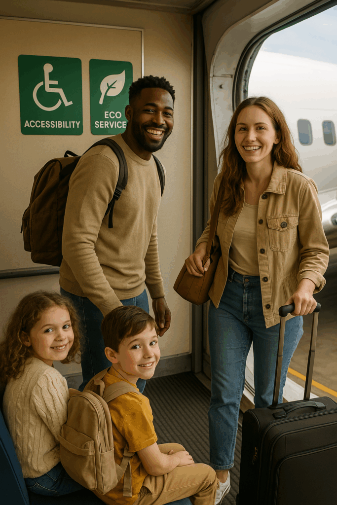 Happy family boarding a plane together under new EU passenger rules.