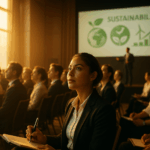 Hotel professionals at sustainability conference taking notes with inspired expressions, warm lighting, aspirational atmosphere