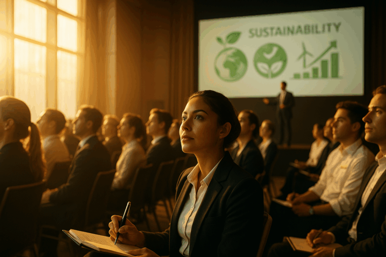 Hotel professionals at sustainability conference taking notes with inspired expressions, warm lighting, aspirational atmosphere