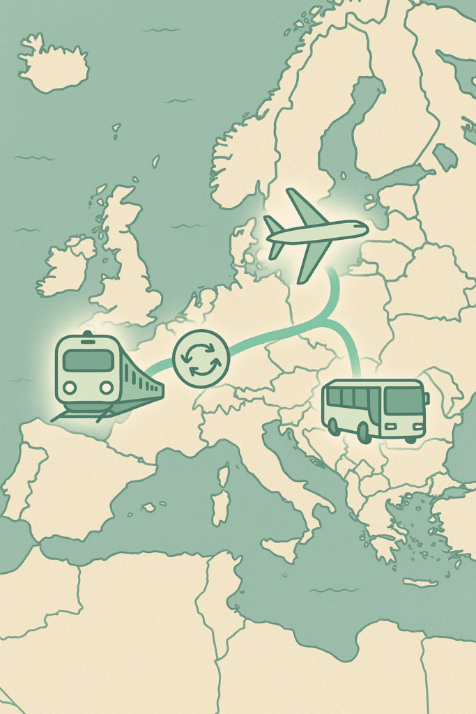 Map showing seamless travel connections by bus, train, and plane in Europe.