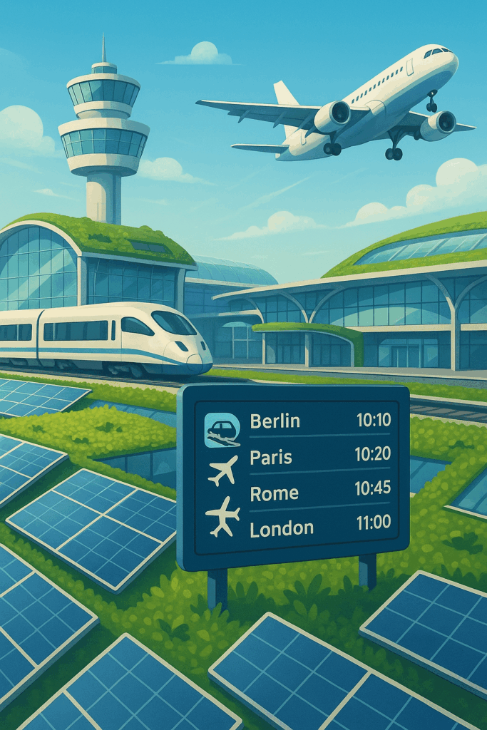 Futuristic EU airport scene with green energy and multimodal travel signs.