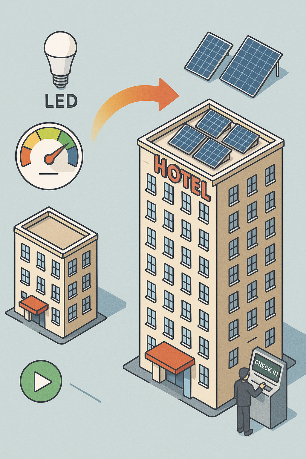 Cash from hotel operations funding sustainability upgrades like solar and composting. hospitality growth vs sustainability