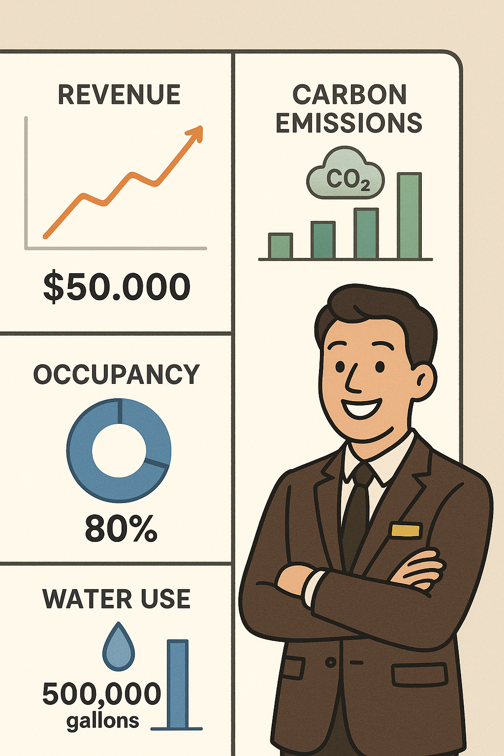 Illustrated dashboard combining financial and environmental KPIs in hotel operations. hospitality growth vs sustainability