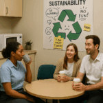 Hotel break room with sustainability poster marked by sarcastic notes