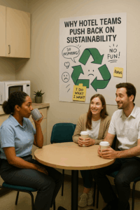 Hotel break room with sustainability poster marked by sarcastic notes