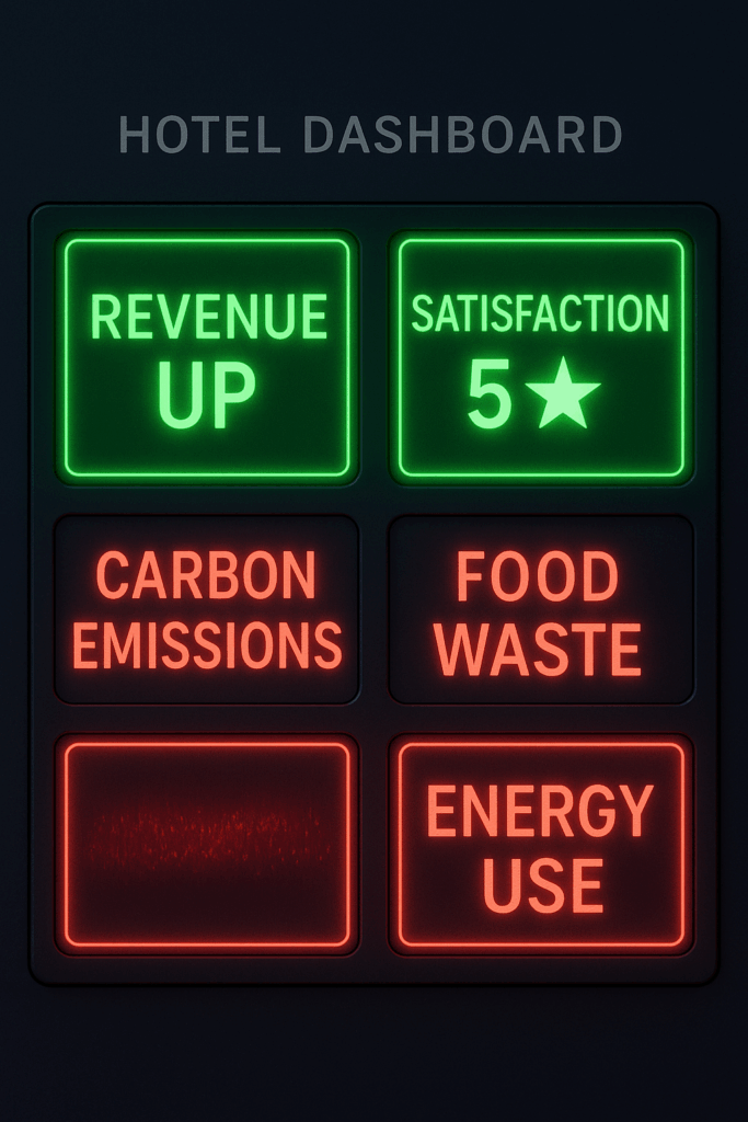 Hotel metrics screen showing success KPIs overshadowing environmental impact. hospitality growth vs sustainability