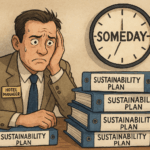 A hotel manager under pressure, drowning in sustainability paperwork and no real action