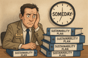 A hotel manager under pressure, drowning in sustainability paperwork and no real action