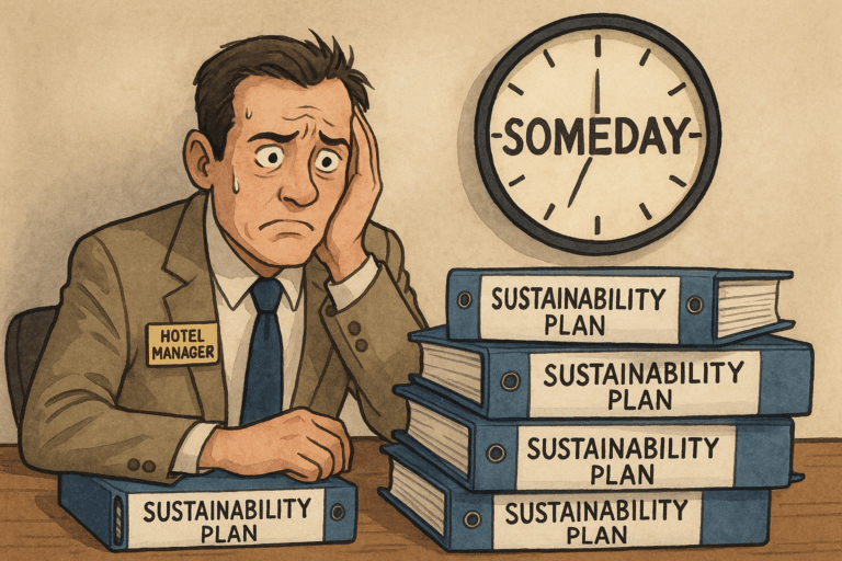 A hotel manager under pressure, drowning in sustainability paperwork and no real action