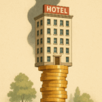 A hotel success illustration casting a shadow in the shape of emissions. hospitality growth vs sustainability