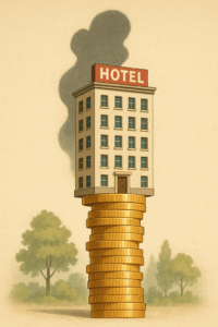 A hotel success illustration casting a shadow in the shape of emissions. hospitality growth vs sustainability