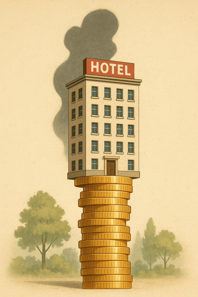 A hotel success illustration casting a shadow in the shape of emissions. hospitality growth vs sustainability
