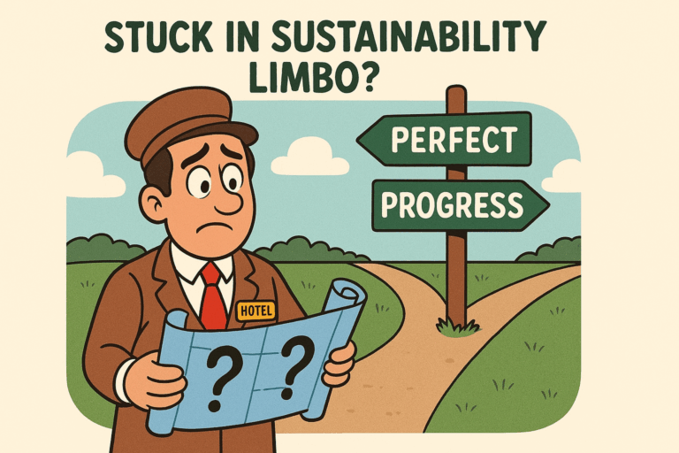 Illustration of a hotel manager choosing between perfect and progress.