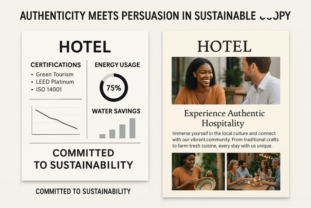 Comparison between technical sustainability marketing and emotional, guest-centered storytelling.