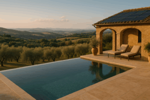 Infinity pool heated by solar energy in a Tuscan eco-resort.