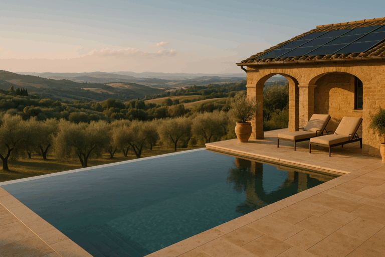 Infinity pool heated by solar energy in a Tuscan eco-resort.