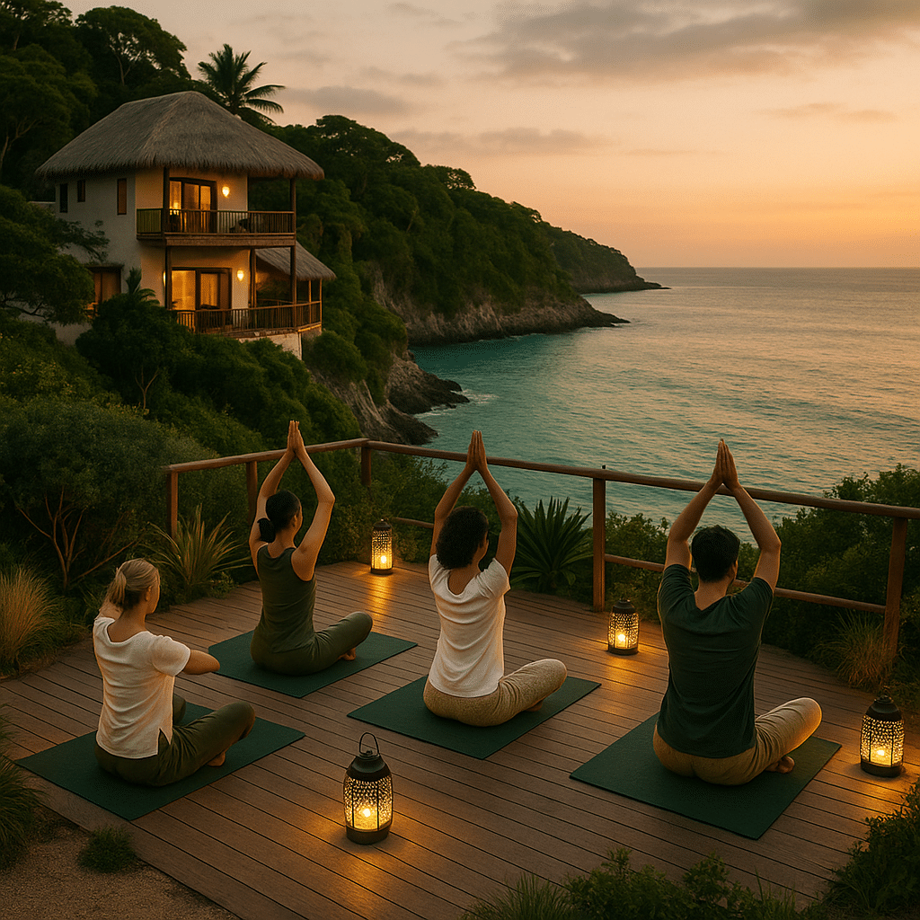Luxury eco-resort using solar lighting and natural landscaping, showcasing sustainable travel storytelling